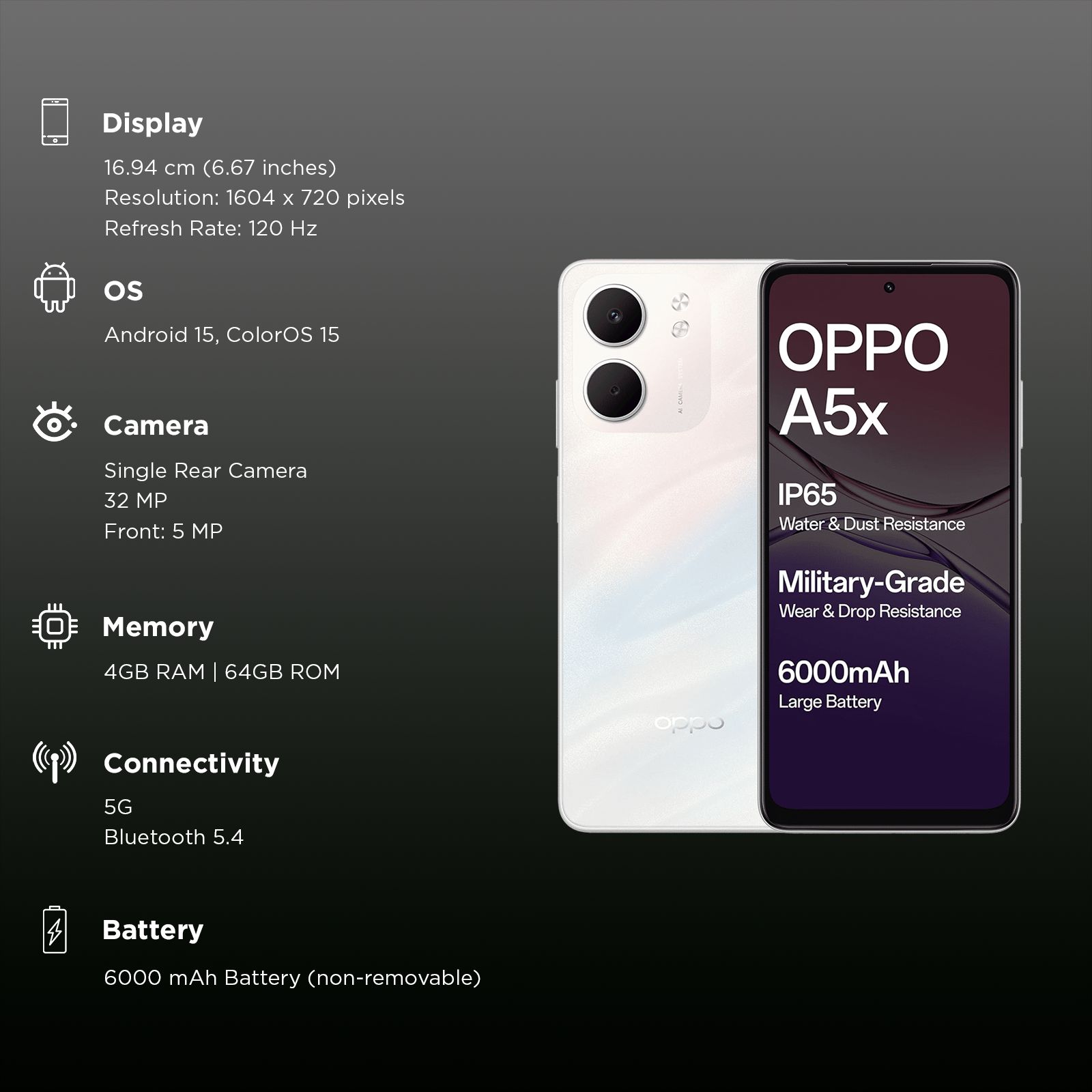 Buy oppo A5x 5G (4GB RAM, 64GB, Laser White) Online - Croma